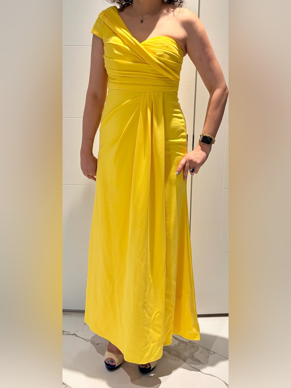 Betsy & Adam One-Shoulder Lemon Yellow Evening Gown